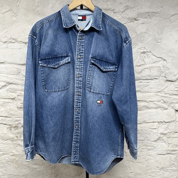 Tommy Hilfiger Blue Denim Long Sleeve Shirt Jean Distressed Faded Vintage 90s - Picture 1 of 14